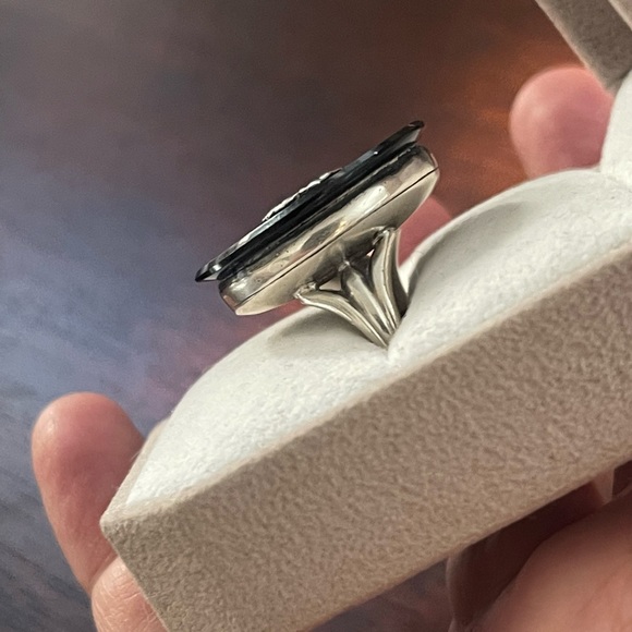 Antique Victorian style black onyx & pearl solid sterling silver size 6.75 ring - Picture 5 of 10